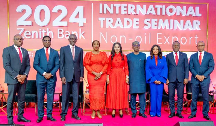 L – R: Executive Director, Zenith Bank Plc, Mr. Adamu Lawani; Executive Director, Mr. Akin Ogunranti; Managing Director, Nigerian Export-Import Bank (NEXIM), Alhaji Abba Bello; Representative of the Governor of Lagos State, The Honourable Commissioner for Commerce, Cooperatives, Trade & Investment, Mrs. Folashade Ambrose-Medebem; Group Managing Director/Chief Executive, Zenith Bank Plc, Dame (Dr.) Adaora Umeoji, OON; Secretary, National Action Committee, AfCFTA, Mr. Segun Awolowo; Executive Director, Mrs. Adobi Nwapa; Executive Director, Mr. Henry Oroh; and Executive Director, Mr. Louis Odom at the 9th Annual Edition of the Zenith Bank International Trade Seminar on Non-Oil Export held at the Civic Centre, Victoria Island, Lagos, yesterday.

 