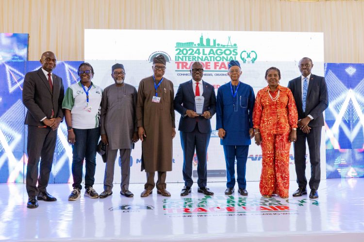 L-R: Head, SME Banking, Babatunde Ajayi, United Bank for Africa;  Member, Trade Promotion Board, Tola Gbogboade ; Prince Abimbola Olashore, Chairman, Trade Promotion Board; Deputy President, Engr. Leye Kupoluyi; Group Head, Retail and Digital Banking, Shamsideen Fashola; President, Lagos Chamber of Commerce Industry, (LCCI), Gabriel Idahosa; Director General, LCCI, Chinyere Almona, and Head, Digital Banking, Olukayode Olubiyi during the UBA day, at 38th Lagos International Trade Fair, themed: ‘Where Business Meets Innovation’ in which UBA is headline sponsor….. held in Lagos, yesterday