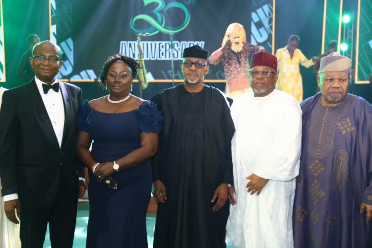 L-R: Chairman of Greenwich Group, Kayode Falowo; Mrs. Dorothy Falowo; Governor of Ogun State, Dapo Abiodun; Deputy Governor, Financial System Stability of CBN, Phillip Ikeazor & Prof oluwatoyin Ashiru, Pro-chancellor & Chairman of Governing Council of Obabisi Onabanjo University, at an exclusive dinner to commemorate the 30th Anniversary of Greenwich Group held over the weekend at the Grand Ballroom, Oriental Hotel in Lagos.